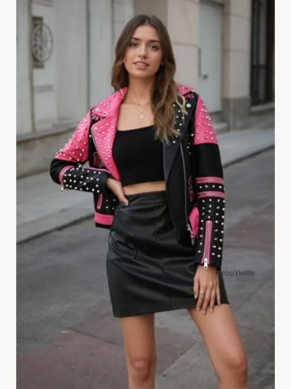 Studded Faux Leather Moto Jacket Belted Windbreaker Streetwear - Picture 2 of 7